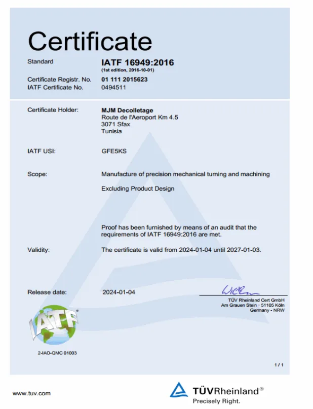 Certificat IATF 16949:2016 de MJM Décolletage